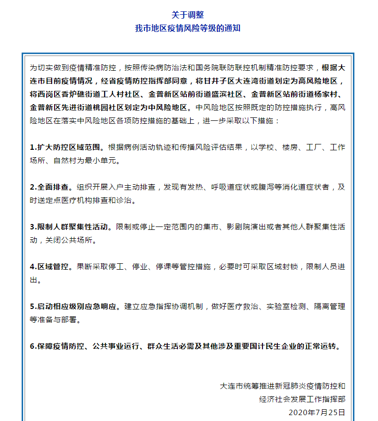 大连2地升级为中风险地区(大连11个中风险社区下调为低风险地区)